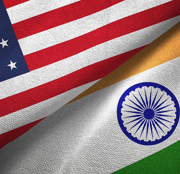 United States and India flags together textile cloth, fabric texture